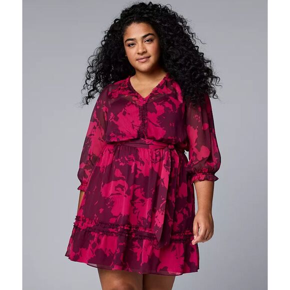 Simply Vera Vera Wang Dress XXL Women's Pink Vneck Ruffle A Line Slip Lining - Picture 1 of 9